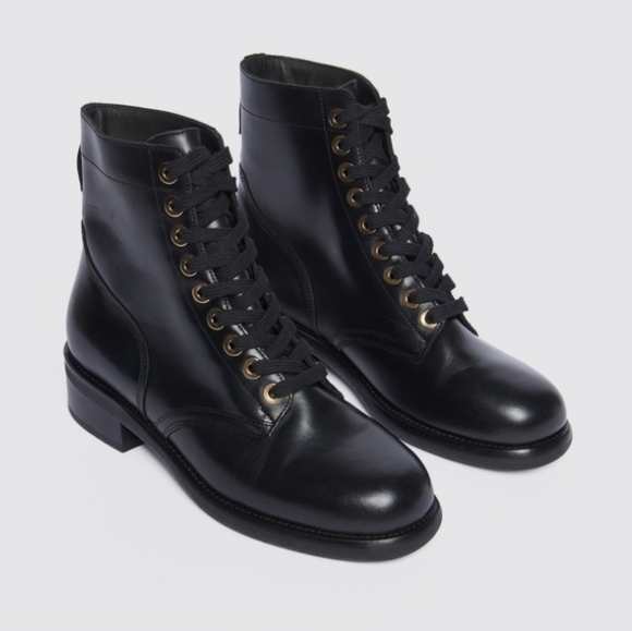 Sandro  Paris Black Leather Combat Lace Up  Boots  With gold Eyelet Size 39- 8.5 - Picture 1 of 17